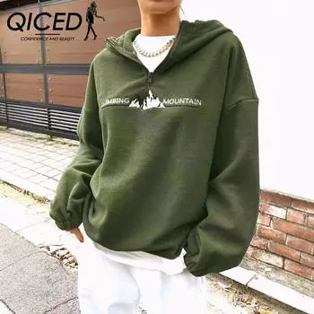 QICED Осенне-зимняя женская флисовая толстовка с капюшоном на молнии, вышитая флисовая толстовка с капюшоном S хаки