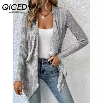 QICED Осенне-зимний женский однотонный повседневный модный свободный вязаный кардиган с длинным рукавом S серый