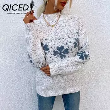 QICED Осень-зима Рождественский свитер Женский повседневный женский полуводолазка Снежинка Трикотажные свитера S розовый