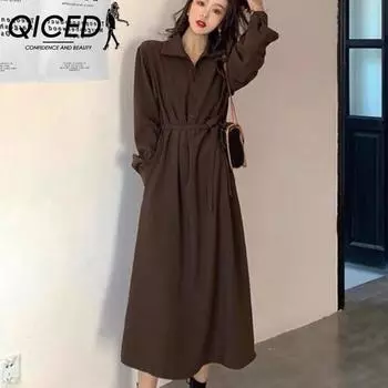 QICED Осень-зима в стиле Хепберн, плотное платье средней длины, женское свободное платье в стиле ретро с длинными рукавами, рубашка большого размера, длинное платье M чёрный