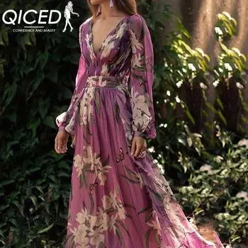 QICED Осенне-зимний принт женское платье с V-образным вырезом и длинным рукавом в винтажном стиле, юбка полной длины в стиле феи S