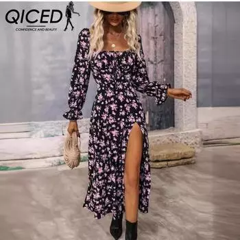 QICED Осенне-зимнее богемное платье с длинными рукавами и открытой спиной с принтом для женщин S золотой