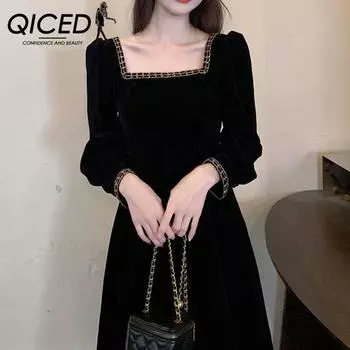 QICED бархатное платье с золотой каймой и квадратным вырезом для женщин, осень-зима, винтажный стиль Хепберн, вечернее платье, длинная юбка трапециевидной формы S чёрный