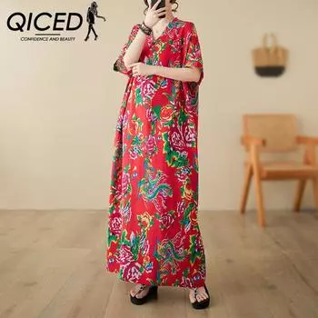 QICED Big Flower Dress Women s Summer V-neck Cotton Hemp Plus Size Art Resort Beach Retro Meat Long Robe
