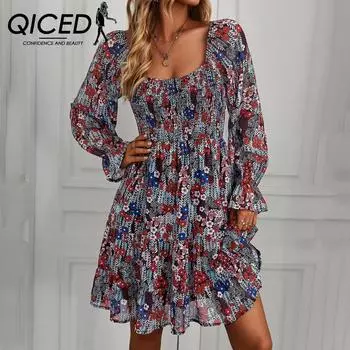 Платье QICED с принтом в стиле бохо, весна-лето, с длинным рукавом и U-образным вырезом S чёрный