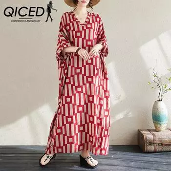 QICED Boho Винтажное платье больших размеров с v-образным вырезом и принтом, толстая мм, модная все, художественная длинная юбка, женская