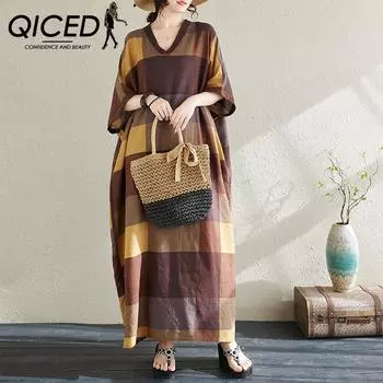 QICED Boho Винтажное платье больших размеров с v-образным вырезом и принтом, толстая мм, модная все, художественная длинная юбка, женская