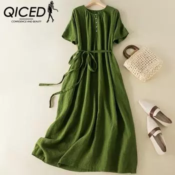 QICED большой размер из хлопка и льна, женское платье с коротким рукавом, летняя свободная льняная юбка Mori, повседневная пышная юбка на шнуровке на талии