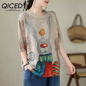 QICED большой размер женская художественная свободная футболка с круглым вырезом свитер тонкий топ женский повседневный M