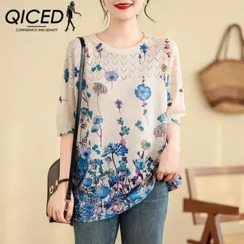 QICED большой размер женская литературная свободная рубашка с круглым вырезом свитер тонкий топ женский повседневный M