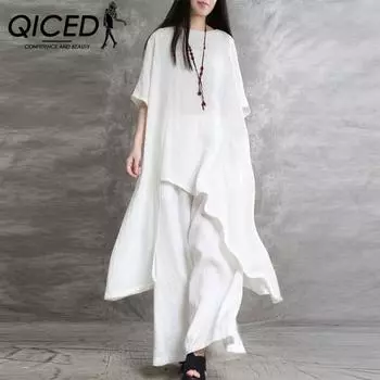 QICED Большой размер Женский хлопковый льняной костюм из двух частей Повседневный спортивный костюм с короткими рукавами и О-образным воротником, верх и брюки S белый