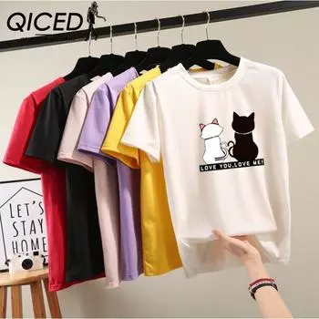 Футболка с короткими рукавами QICED Cartoon, женская летняя студенческая футболка с круглым вырезом и принтом, модная женская одежда больших размеров S чёрный