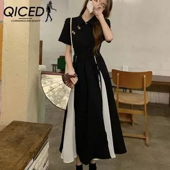 QICED Cheongsam Tea Break French Temperament Черное платье Son Small Длинная юбка для женщин Весна Лето S чёрный
