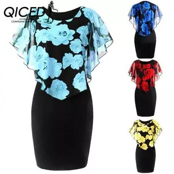 QICED Черное сексуальное платье с прозрачной шалью и нежным цветочным принтом S красный