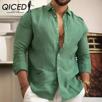 QICED Cotton Linen Solid Colour Men s Youth Casual Shirt S белый