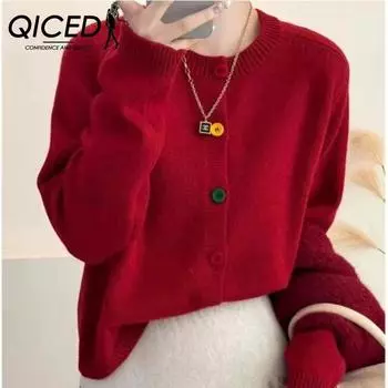 QICED Цветная пуговица Дизайн Sense Вязаный кардиган Весна All Matching Однотонный свитер Верхнее пальто для женщин Uniform size синий
