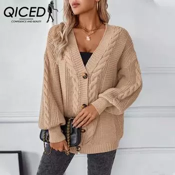 QICED цветочный вязаный кардиган для женщин осень-зима винтажный однобортный свободный свитер для женского пальто S хаки