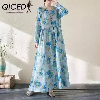 QICED, длинная юбка из хлопка и льна большого размера, женское весенне-летнее свободное утягивающее темпераментное винтажное платье с длинными рукавами с литературным принтом