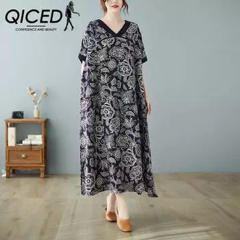 QICED, длинная юбка в стиле ретро с короткими рукавами, летнее платье для похудения, свободное повседневное платье с принтом большого размера, женское