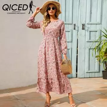 QICED длинное платье с цветочным принтом и круглым вырезом, женское, расширенное, с легкой талией, спелой талией, ранняя весна S