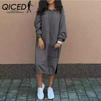 QICED Длинное женское повседневное платье с капюшоном для женщин S