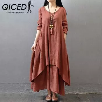 QICED, две длинные юбки на весну и осень, каникулы, литературное льняное платье, свободная хлопковая конопляная юбка с длинными рукавами