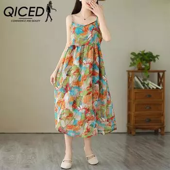 QICED Двухслойное шелковое платье из конопли размера плюс с винтажным принтом Sweet Rui Li, женское темпераментное платье с бретелькой на бретельках, длинная юбка на улице