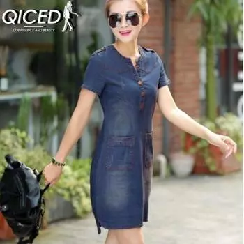 QICED Джинсовое платье с короткими рукавами, женская юбка трапециевидного размера больших размеров S baby голубой