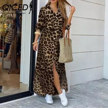QICED европейская и американская женская модная юбка с леопардовым принтом, длинное платье-рубашка с разрезом S