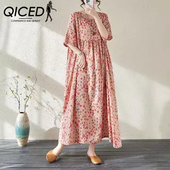 QICED Fat Mm Large Size Women s Summer Middle-aged and Elderly Retro Age Reduction Mother Ramie Cotton Dress