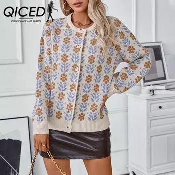 QICED Жаккардовый свитер с цветочным узором, женский однобортный свитер с длинными рукавами, пальто на осень и зиму S абрикосовый