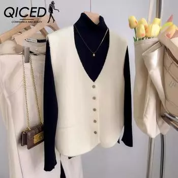QICED Французская мода вязаный жилет женский кардиган на раннюю весну с жилетом свитер свободный жилет без рукавов топ вязаные жилеты Uniform size