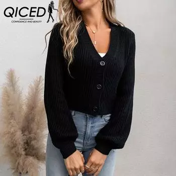 QICED French Retro Simple Solid Color Lantern Sleeve V-neck Button-up Long Sleeve Knitted Cardigan Sweater Coat S абрикосовый