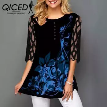 QICED Футболка женская с круглым вырезом, принтом на пуговицах, кружевом и пятью рукавами в стиле пэчворк, весна-осень S