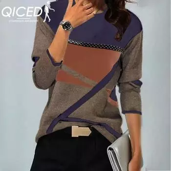 QICED Футболка женская с принтом Clashing Position и длинным рукавом, о-образный вырез, осень/зима S чёрный