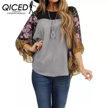 QICED Футболка женская с рукавами «летучая мышь» и принтом в тон с вафельным воротником, весна-осень S