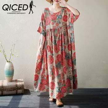 QICED Хлопковое и конопляное платье с цветочным принтом на лето и весну, с короткими рукавами и круглым вырезом, с принтом для женщин, праздничное пляжное платье с ветром