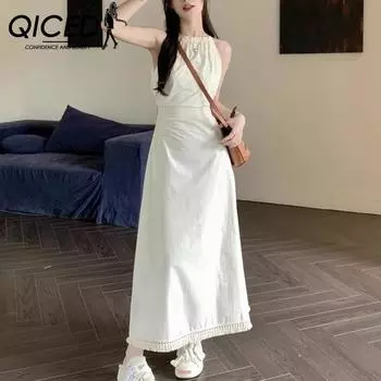 QICED Платье с открытой талией и бретелькой на шее, женское летнее платье с завязкой на талии, утягивающее праздничное платье с морской бахромой S абрикосовый