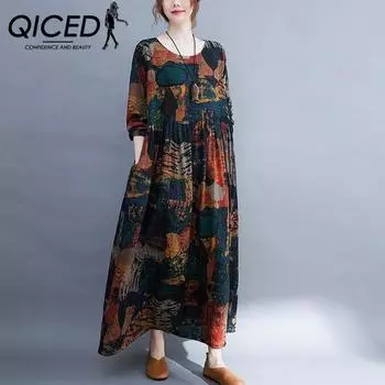 QICED Платье с чернильным принтом, женское платье большого размера с длинным рукавом и круглым вырезом, тонкая длинная юбка трапециевидной формы M