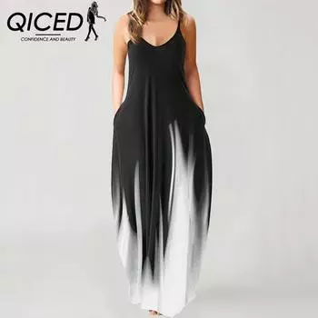 QICED Элегантное модное платье длиной до пола без рукавов с V-образным вырезом, простое женское летнее платье в стиле ретро с принтом, свободная талия, прямое платье S белый