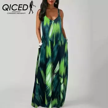 QICED Элегантное модное платье длиной до пола без рукавов с V-образным вырезом, простое женское летнее платье в стиле ретро с принтом, свободная талия, прямое платье S