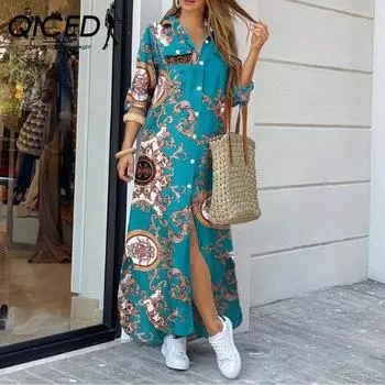 QICED Элегантное пляжное длинное платье для женщин с длинным рукавом на пуговицах, летнее платье с цепочкой и лацканами S