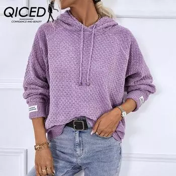 QICED капюшоном шнурок трикотажный осенне-зимний однотонный пуловер повседневный свитер для женщин S фиолетовый