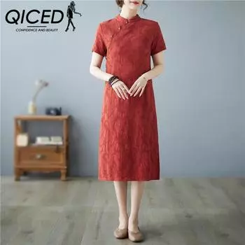 QICED Китайское ретро жаккардовое хлопковое улучшенное платье Cheongsam, женское летнее темпераментное тонкое свободное платье большого размера с короткими рукавами, тонкое M красный