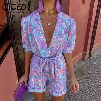 QICED Комбинезон со шнуровкой и V-образным вырезом с короткими рукавами и принтом S красный