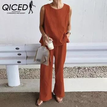 QICED Костюм большого размера Свободный однотонный комплект из рубашки и брюк из двух предметов XS темно-зеленого