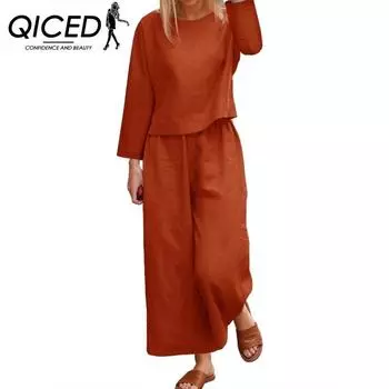 QICED Костюм большого размера Свободный однотонный комплект из рубашки и брюк из двух предметов XS синий