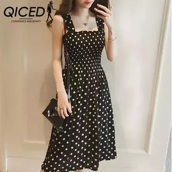 QICED красная юбка с внутренним ремешком, женское летнее длинное платье в горошек с одной линией плеч, утягивающая базовая юбка на подтяжках M чёрный