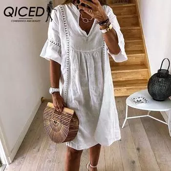 QICED кружевное повседневное хлопковое платье из конопли с v-образным вырезом и расклешенными рукавами для женщин S белый