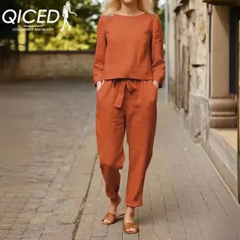 QICED Льняной костюм женский модный однотонный весенне-летний простой ретро-комплект из двух предметов с эластичной резинкой на талии S чёрный